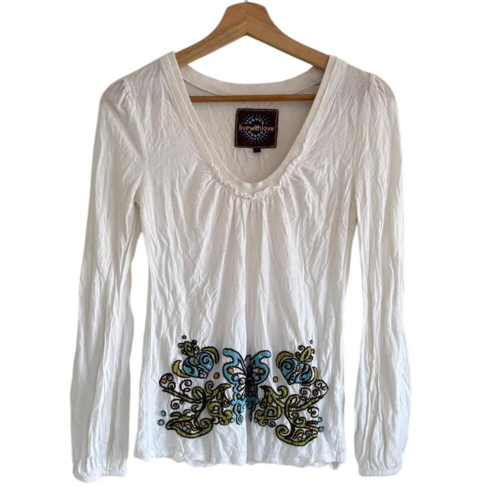 LIVE WITH LOVE WHITE Y2K BOHO LONG SLEEVE TOP SHIRT WOMENS SIZE SMALL